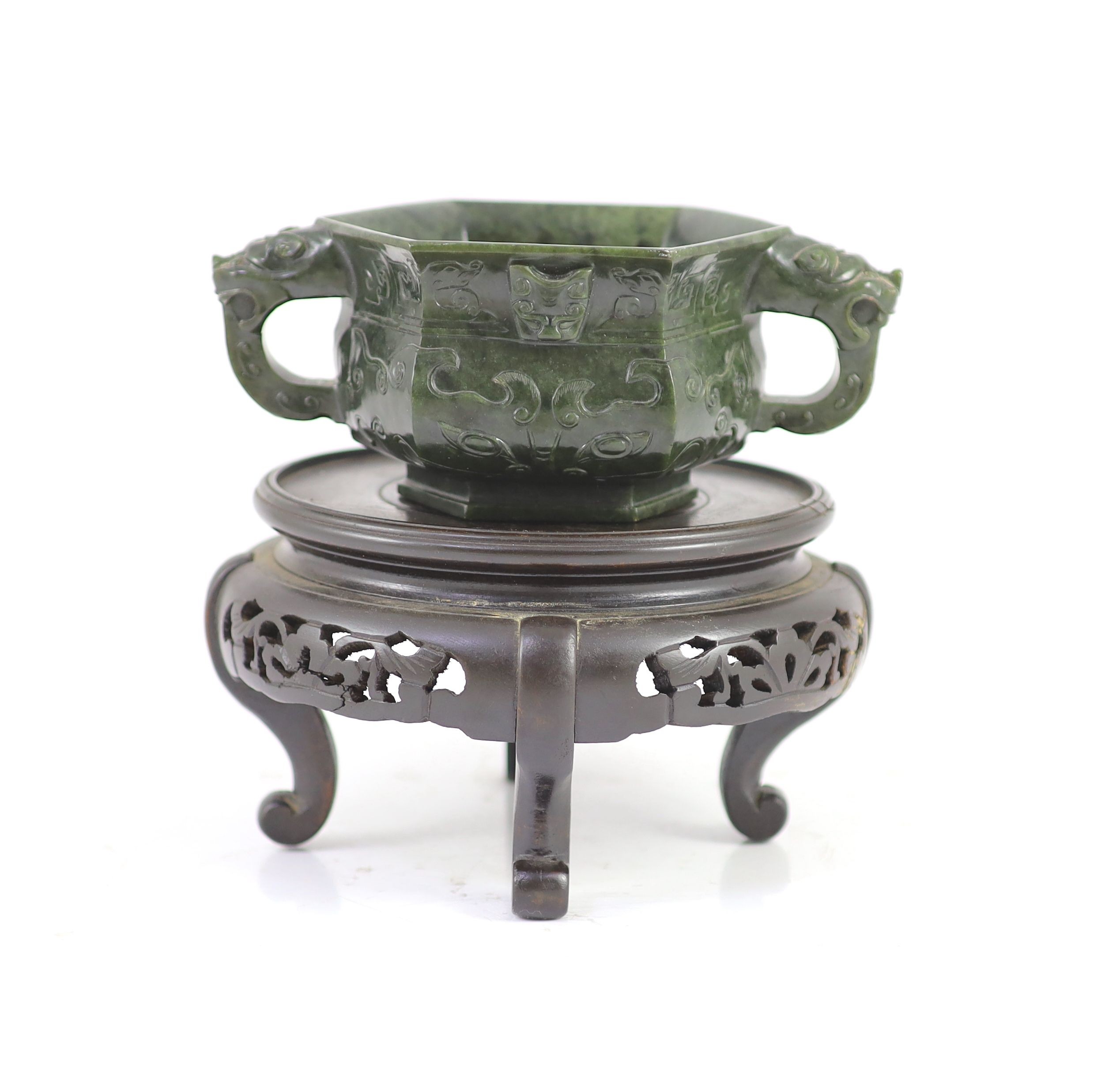 A Chinese archaistic spinach green jade hexagonal censer, 19th century, 17.5cm wide